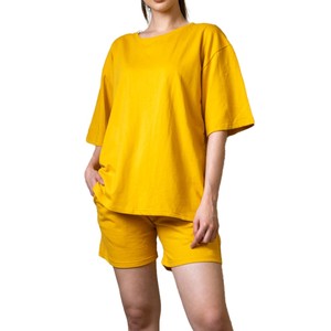 Women's Yellow 2-Piece <b>Knitted</b> <b>Set</b> O-Neck Short Sleeve Top With Above Knee Shorts Solid Loose Fit Casual Spring Summer Wear - Product Image 4