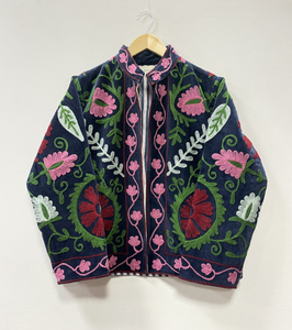 Bohemian Floral Embroidered Woven 100% Cotton Velvet Bomber Jacket Windproof Breathable Suzani Stand Collar Medium Length - Product Image 2