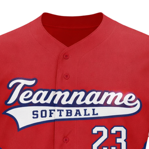 Jersey de Softbol Sublimado con Botones para Mujer, Corte Ajustado, Rojo y Azul, Uniforme Personalizado para Equipo con Diseño de Número en la Espalda - Product Image 4