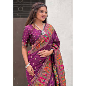 Evening Dresses Wine <b>Pashmina</b> Kashmiri Silk Zari Woven Saree - Product Image 4