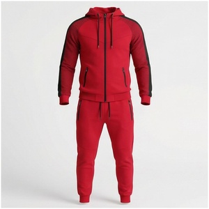 Ensemble de survêtement rouge pour homme, manches longues, capuche, fermeture éclair sur le devant, couleur unie, respirant, coupe classique, vêtements d'automne - Product Image 1