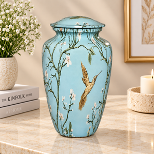 Urne funéraire en métal Colibri avec motif floral pour cendres, souvenir commémoratif et récipient pour hommage funéraire - Product Image 1