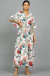 Caftán Floral de Algodón Indio Hecho a Mano, Transpirable y Ligero, Vestido de Playa para Primavera, Verano y Otoño - Product Image 3