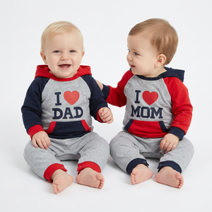 Combinaison Bébé Unisexe à Capuche Manches Longues en Coton Tricoté avec Imprimé « I Love Dad Mom » et Fermeture Éclair YKK Bidirectionnelle – Décontractée pour Toutes Saisons – Vente en Gros - Product Image 1