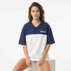 Camiseta Oversize de Mujer con Bloques de Color y Cuello en V, Manga Corta, Ajuste Holgado, Algodón Jersey Transpirable, Ideal para Primavera y Verano - Product Image 5