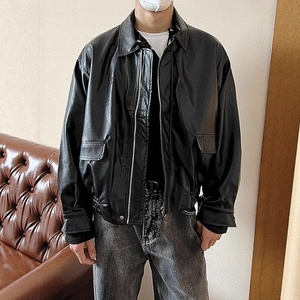 MANWA Unisex PU Leather Denim Jacket Stand Collar Zipper Closure Solid Color Moto Biker Style Autumn Windproof Loose Fit - Product Image 6