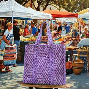 Bolso tote grande, estilo bohemio artesanal, color lila, hecho a mano, de algodón, ligero, con cierre abierto, ideal para ir de compras. - Product Image 2