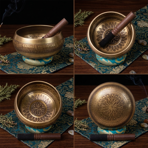 Bol chantant tibétain de 20 cm en laiton, gravé à la main avec mantra, 8 pouces, pour méditation et sonothérapie, avec marteau Vajra Mandala Cu - Product Image 6