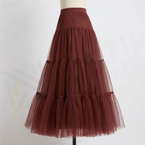 Women's Burgundy Tulle <b>Skirt</b> <b>Elastic</b> <b>Waist</b> A-Line Knee-Length Ruffles Pleated Solid Color Organza Chiffon Dressing <b>Skirt</b> - Product Image 3