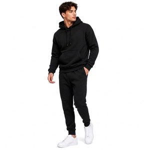 Ensemble de survêtement streetwear léger à capuche noir pour homme, couleur unie, coton, sweat-shirt décontracté et pantalon avec poches latérales - Product Image 1