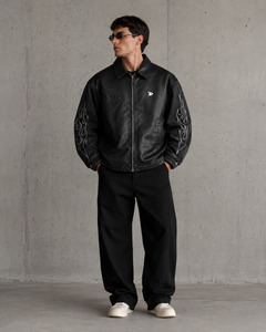 Men's Black PU Leather <b>Biker</b> <b>Jacket</b> With Embossed Flame Design And Zipper Closure - Product Image 4