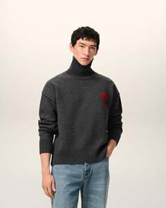 Suéter de Cuello Alto Gris Oscuro para Hombre, con Logotipo de Corazón Bordado, Tejido de Lana, Estilo Holgado, para Invierno - Product Image 6