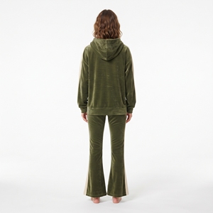 Conjunto Deportivo de Terciopelo Verde Oliva para Mujer con Capucha y Rayas Laterales Color Crema, Corte Holgado, Ropa Casual de Invierno - Product Image 2