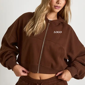 Women's <b>Brown</b> Cropped Hooded Zip-Up Sweatshirt <b>Long</b> <b>Sleeve</b> Solid Color Knitted Oversized Winter Wear 100% Cotton Eco-Friendly - Product Image 1