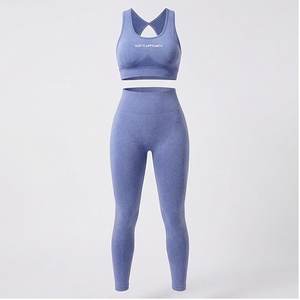 North Approach 2 Piece Yoga Set Racerback <b>Crop</b> <b>Top</b> High Waist Full Length Leggings Solid <b>Blue</b> Breathable Seamless Women's - Product Image 5