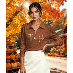Sweat-shirt à col mi-zippé en terre cuite pour femme avec col à revers et imprimé « Thankful » - Product Image 2