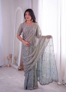Sari de Diseño Bordado para Fiesta de Verano para Mujer, Listo para Usar, Festivo, para Boda, Tradicional Indio, Blusa Sin Arrugas, Protección Solar - Product Image 1