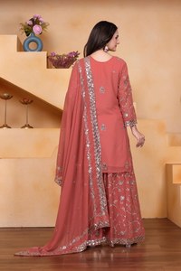 Ensemble Sharara en Georgette Fox de Qualité Export avec Broderie Avant et Arrière, Travaux de Paillettes Lourdes et Dupatta Assorti - Product Image 4