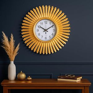 Gold Sunburst Metal Wall <b>Clock</b> Quartz Analog <b>Battery</b> Powered Single Face Geometric Art Deco for Living Room Decor - Product Image 3