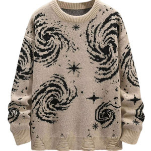 Pull en tricot à imprimé galaxie avec ourlet effiloché, manches longues, vêtements d'hiver pour homme - Product Image 5