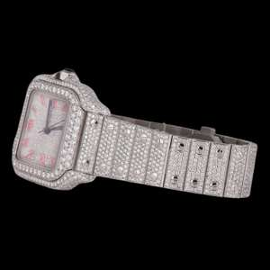 Men's <b>Watch</b> Red Number Dial Brilliant Cut Moissanite Diamonds <b>Black</b> White Ice Stainless Steel Band Glass Dial Window for Men - Product Image 2