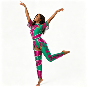 Uniformes de majorettes vert et rose avec strass, paillettes et franges pour adultes - Product Image 2