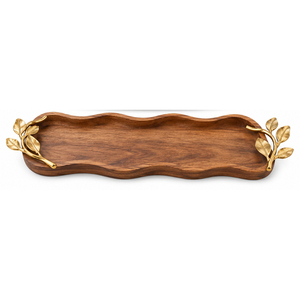 Plateau de service en bois de luxe avec accent floral en laiton antique, plateau décoratif artisanal en bois pour table basse et service hôtelier - Product Image 3