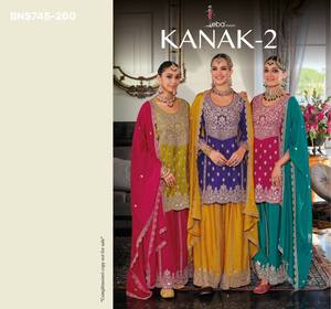 Collection de vêtements ethniques de qualité supérieure, tendance, en chinon avec broderies, comprenant kurta, palazzo et dupatta, fournisseur de vêtements ethniques de Surat. - Product Image 2