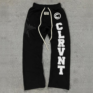 Conjunto de sudaderas personalizadas con apliques y bordados desgastados, lavado ácido, con cordón, capucha, color negro, estilo acampanado para invierno - Product Image 4