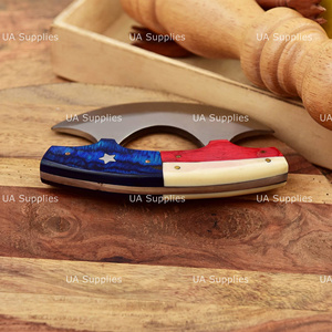 Texas Flag Ulu Chef <b>Knife</b> Damascus Steel Blade Wood <b>Handle</b> Leather Sheath Industrial Novelty Ambidextrous Polished Finish - Product Image 3