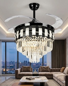 <b>Crystal</b> Chandelier <b>LED</b> Remote Control <b>Light</b> Fixture for Modern Home Invisible Blade <b>Ceiling</b> Fan Luxury Black Mesh Design - Product Image 4
