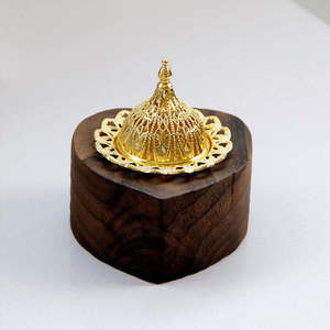 Handmade Brass Incense Burner With Mesh Design Gold Color On Sandalwood Base Aromatherapy Decorative All Season Use - Product Image 1