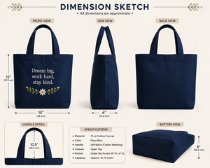 Dream Big <b>Work</b> Hard Stay Kind Canvas Tote <b>Bag</b> With Floral Embroidery Navy Blue Minimalist Style Shopping <b>Bag</b> - Product Image 2