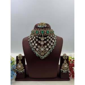 Indian Ethnic Mukta Jaipuri Kundan Gold Plated Choker Necklace & Earring Set for Festivals - Product Image 1