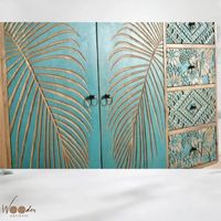 Buffet en bois turquoise avec portes sculptées, meuble de rangement pour salon, chambre ou couloir