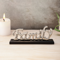 Sculpture de table en aluminium argenté de luxe avec inscription 'Cheers', lettrage moderne, art métallique, statue décorative, base noire, vaisselle