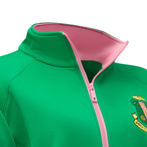 AKA Elite <b>Green</b> Track Jacket with Pink Trim Full Zip Embroidered Crest 1908 Women's Athletic Jacket <b>Green</b> Pink - Product Image 3