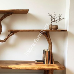 ชั้นวางหนังสือไม้เนื้อแข็งสไตล์รัสติกแบบธรรมชาติ ทำด้วยมือจากกิ่งไม้ธรรมชาติพร้อมขอบไม้ธรรมชาติ - Product Image 2