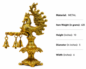Handcrafted Golden Metal Peacock Oil <b>Lamp</b> Diya Hanging Bells Traditional Indian Handicraft Temple Tabletop Home Decor - Product Image 6