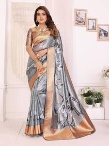 crane bird print soft silk <b>saree</b> with golden zari border luxury party wear designer <b>saree</b> with <b>blouse</b> - Product Image 5