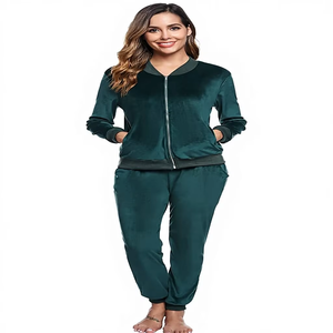 Ensemble de survêtement en velours pour femmes grandes tailles, manches longues, fermeture éclair sur le devant, couleur unie, décontracté, style jogging, tenue d'automne, coupe ample, pyjama - Product Image 1