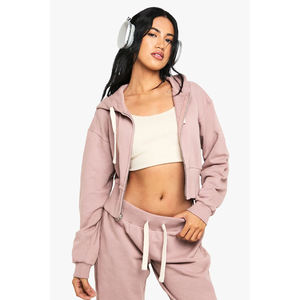 Ensemble de survêtement rose écoresponsable pour femme, à capuche, manches longues, couleur unie, fermeture éclair, décontracté, pour l'automne, avec pantalon à cordon de serrage - Product Image 1