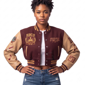Chaqueta universitaria corta de alta calidad para mujer, personalizada, de invierno, con forro de lana y cuero, estilo HBCU, muy vendida. - Product Image 5
