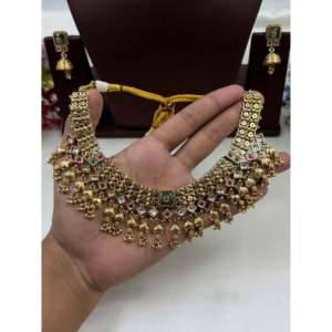 Indian Ethnic Sarika Premium Chorski Necklace Set-Gold Plated Imitation Jewelry with CZ Stones - Product Image 2
