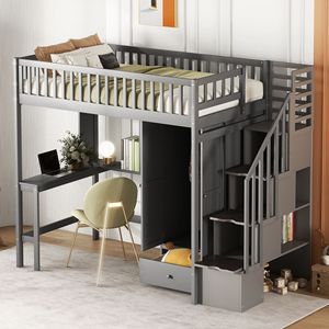 Letto a soppalco grigio matrimoniale con libreria, cassetti, scrivania e armadio - Set di mobili per bambini - Product Image 1