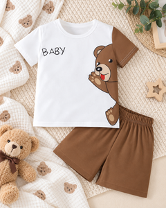 Conjunto de 2 piezas de verano para bebés, camiseta de manga corta con estampado de oso de dibujos animados y pantalones cortos - Product Image 4