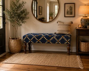 Rustic Blue Upholstered <b>Bench</b> Handmade Wool Jute Wooden Farmhouse Entryway Ottoman Bedroom End of Bed Accent <b>Seating</b> - Product Image 4