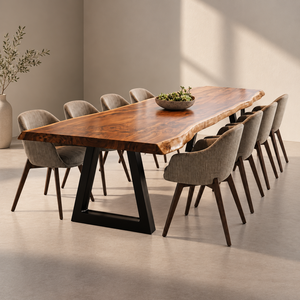 Table de salle à manger en bois massif à bord naturel de style industriel moderne avec pieds en métal noir et chaises rembourrées brunes - Product Image 1