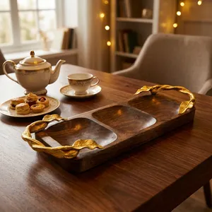 Wooden 3 Section Serving <b>Tray</b> with Golden Leaf Handles Decorative Snack Dry Fruit Tea Coffee Serving Platter for Home & <b>Kitchen</b> - Product Image 2