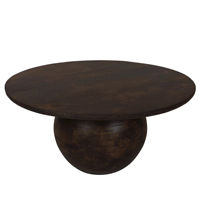 Table basse de salon au design minimaliste moderne, plateau rond en bois de manguier massif avec finition noyer riche, base sur piétement.